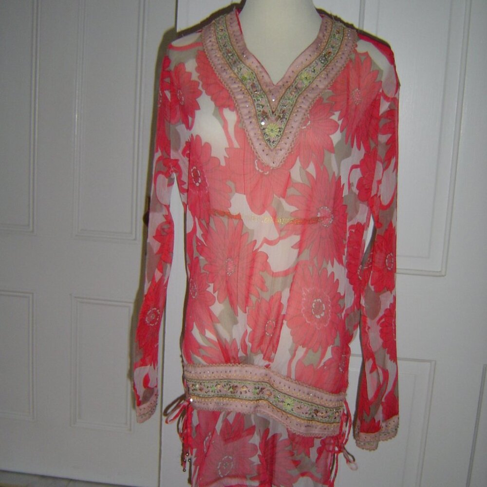 IZ CHIFFON SEQUIN PRINT TUNIC TOP COVERUP M NWT